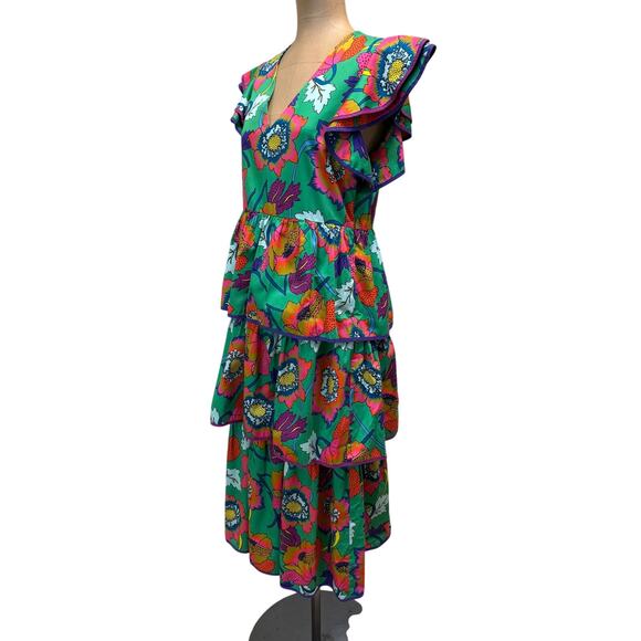 Crosby by Mollie Burch Midi Dress Cotton Green Floral Tiered Skirt Ruffle - Picture 4 of 8
